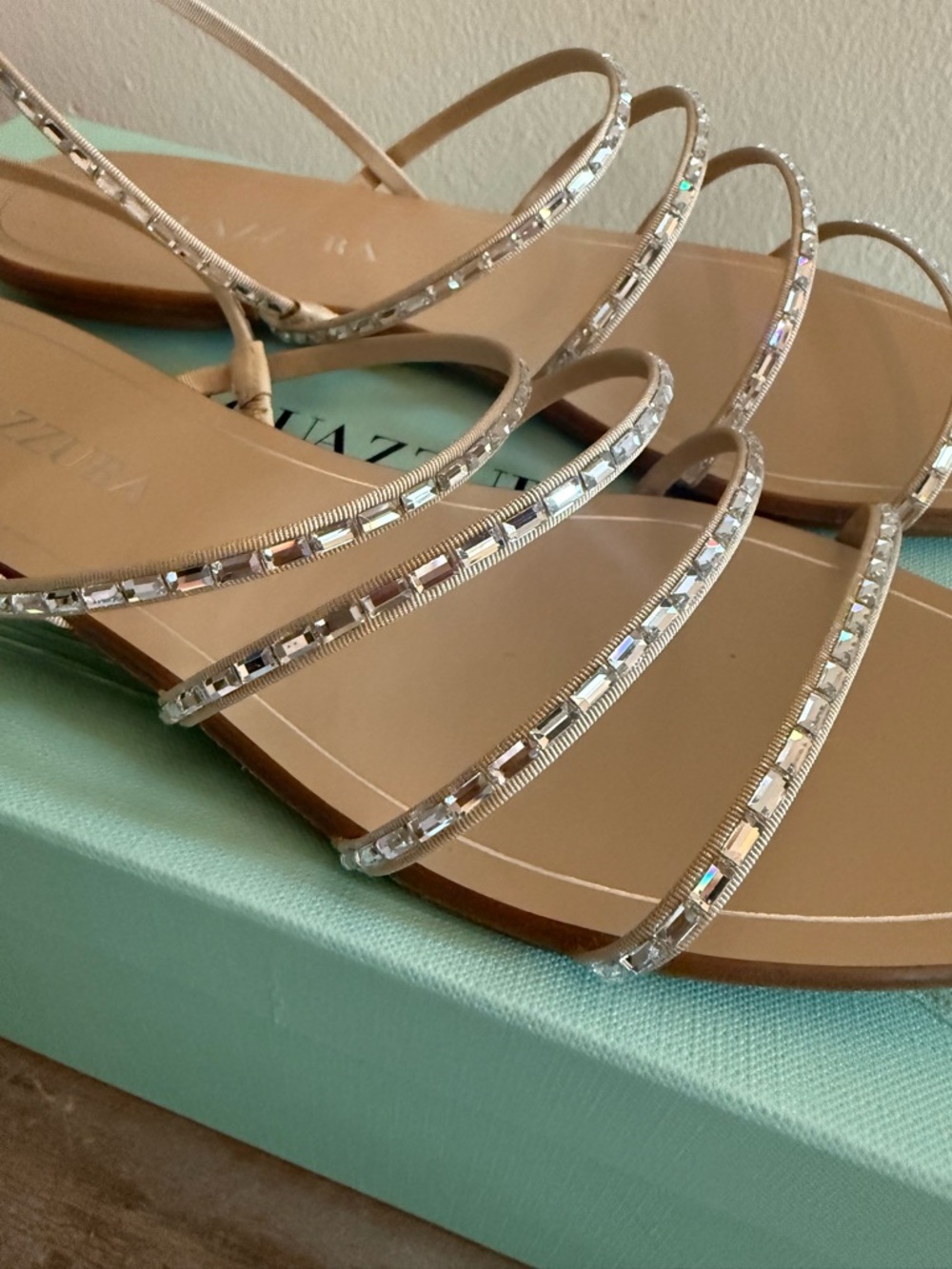 Aquazzura Tan Crystal-Strap Square Toe Flat Sandals - Picture 8 of 10